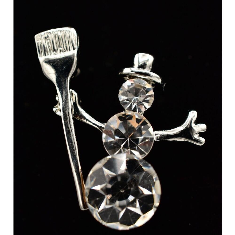 Vintage Crystal Snowman Pin Brooch Winter Christmas Silver Holiday Signed BinBA